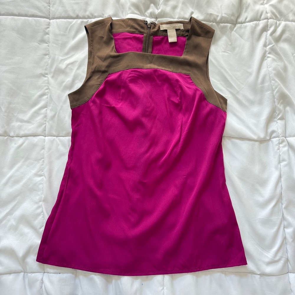 Banana Republic Top Blouse Womens 0 Pink Brown Colorblock Sleeveless Office - Picture 1 of 6
